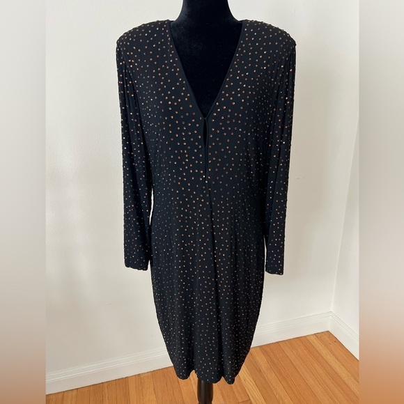 Saks Fifth Avenue Dresses & Skirts - Saks Fifth Avenue Black Rhinestone Polka Dot Deep V-Neck Long Sleeve Dress